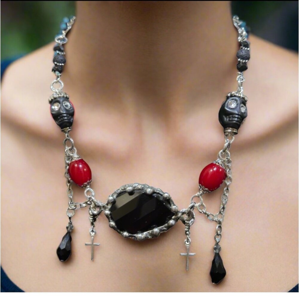 Gothic Black Faceted Onyx Artisan Bezel w. Skulls Crystal & Lava Rocks  Necklace